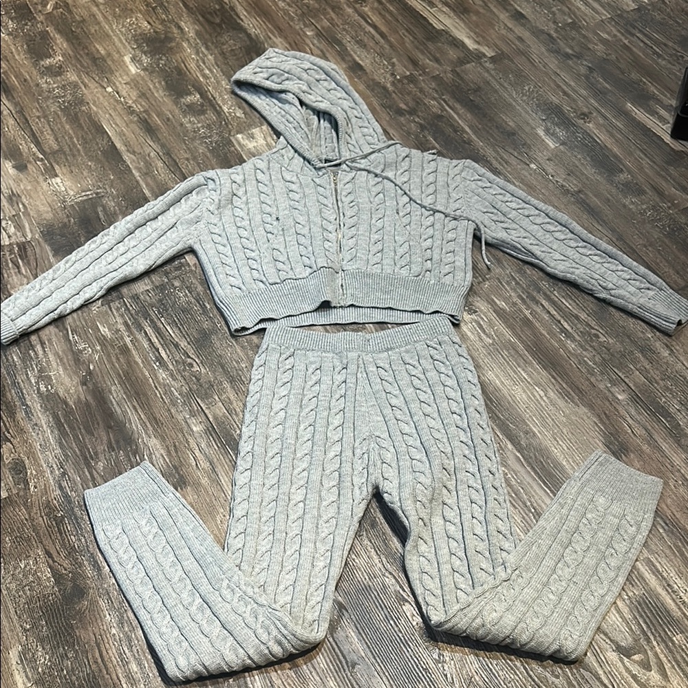 Gray Cable Knit Hoodie and Pants Set